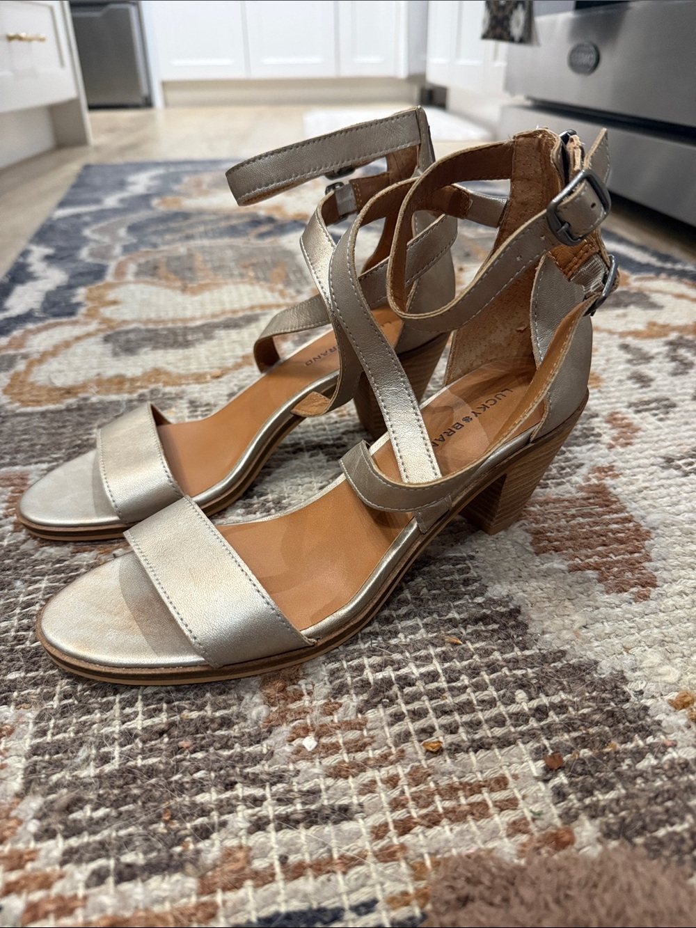 Lucky Brand Metallic Gold Ankle Strap Block Heel Sandals 8